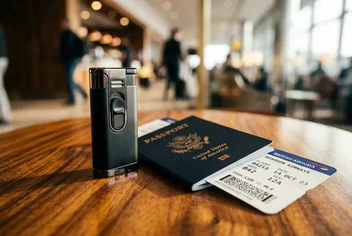 Prix cigarette guadeloupe duty free : ce qu'il faut savoir Gros plan minimaliste d'accessoires de voyage et de duty-free sur fond de bois tropical