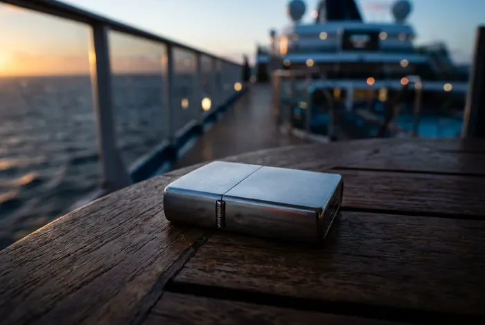 Quel est le prix des cigarettes sur un bateau de croisière MSC en 2026 Gros plan minimaliste d'un briquet sur fond de mer pour illustrer le tabac en croisière