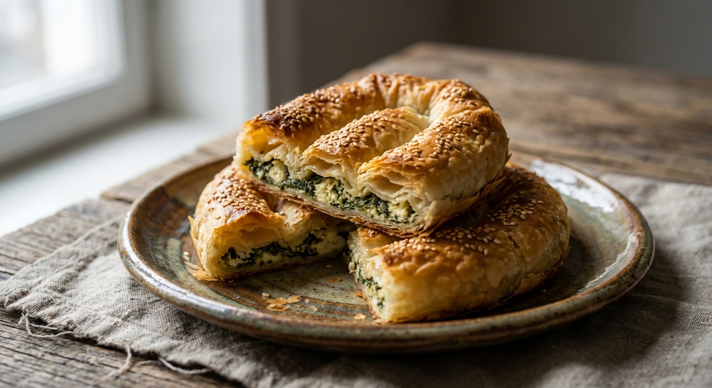 Trouver des restaurants et hôtels en Albanie halal Gros plan d'un byrek traditionnel albanais croustillant servi sur une assiette artisanale.