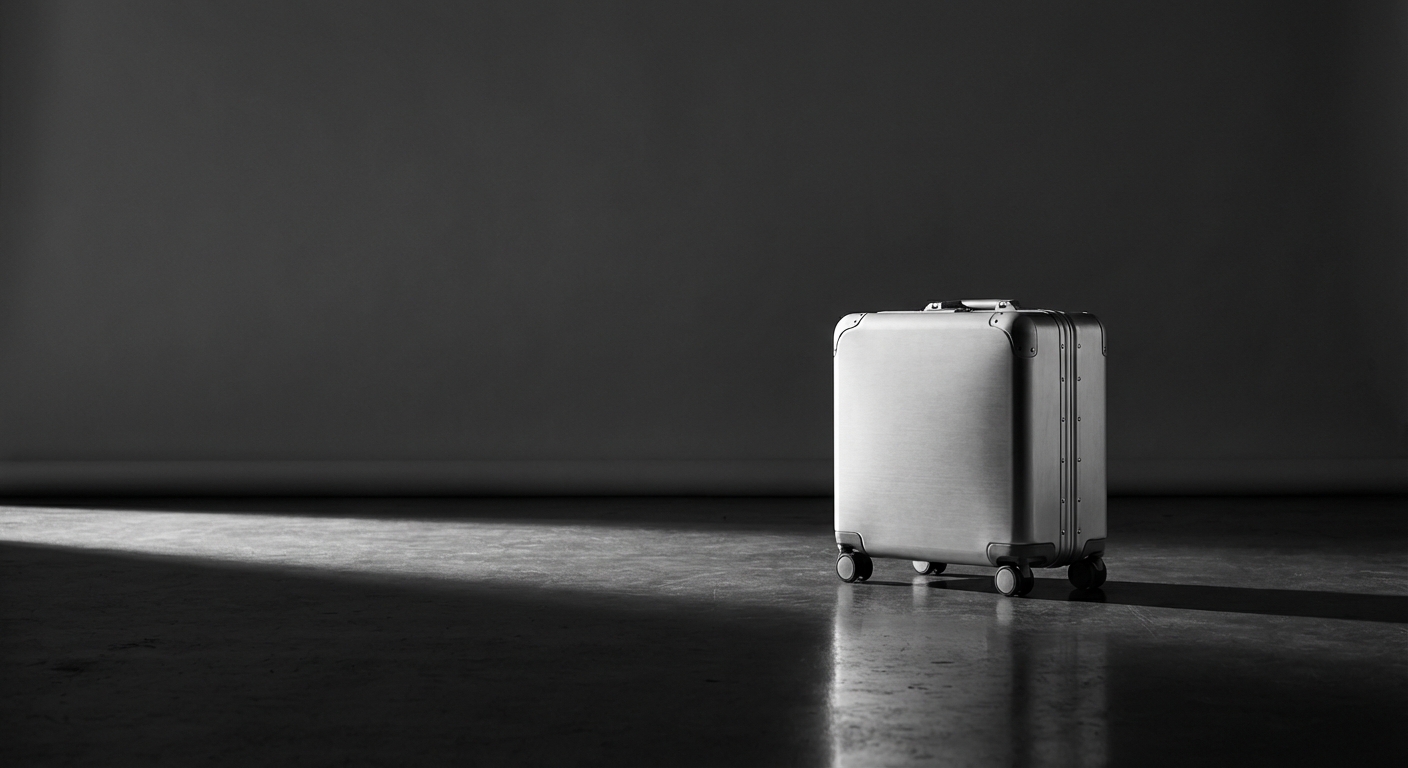 Dimensions et poids maximum pour un bagage Air Asia en 2026 Valise cabine isolée sur un sol d'aéroport brillant, style minimaliste.