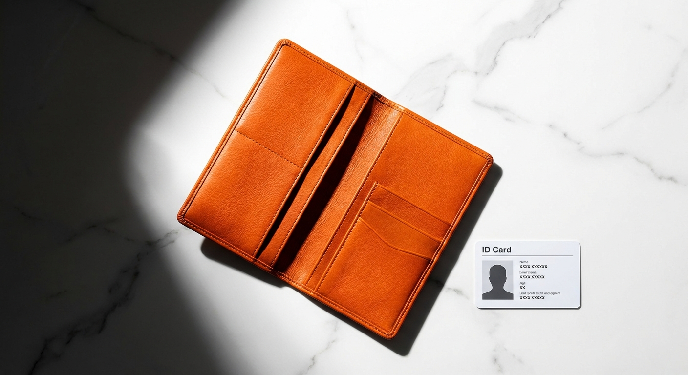 Voyager avec easyjet avec un permis de conduire en 2026 Gros plan minimaliste d'un porte-carte de voyage en cuir haut de gamme sur marbre.