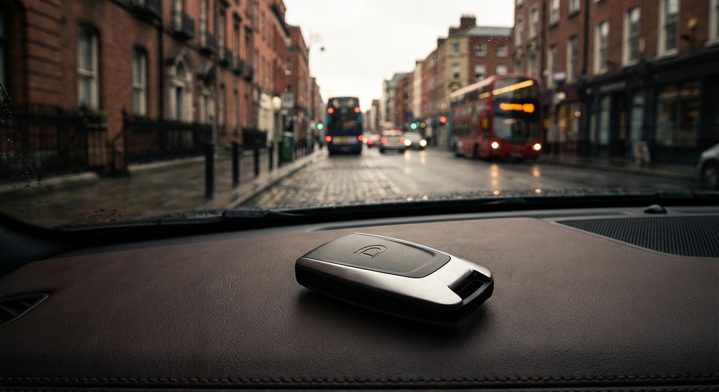 Location de voiture avec New Way Dublin à l'aéroport Gros plan d'une clé de voiture moderne sur un tableau de bord en cuir.
