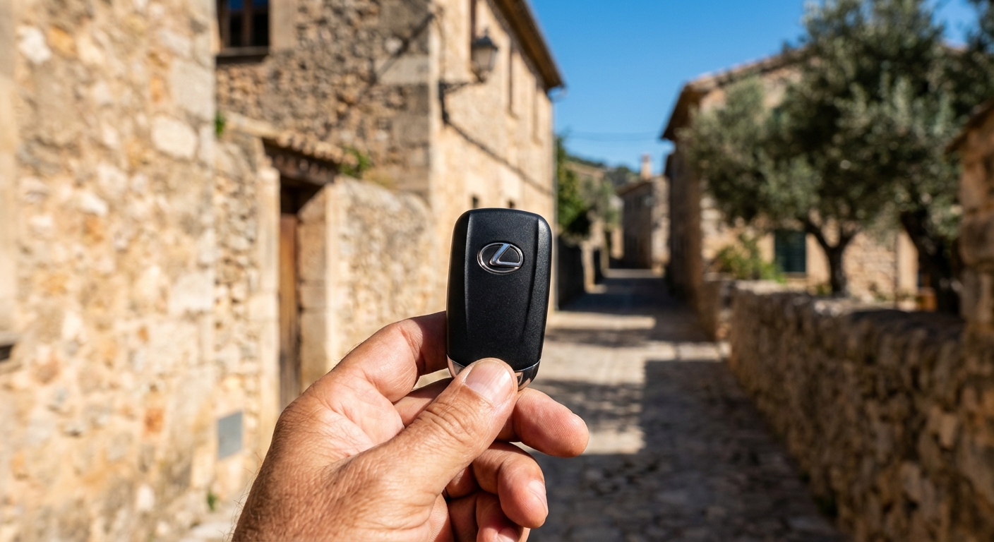 Louer une voiture chez Vanrell à Majorque en 2026 Gros plan sur une clé de voiture devant un village pittoresque majorquin.